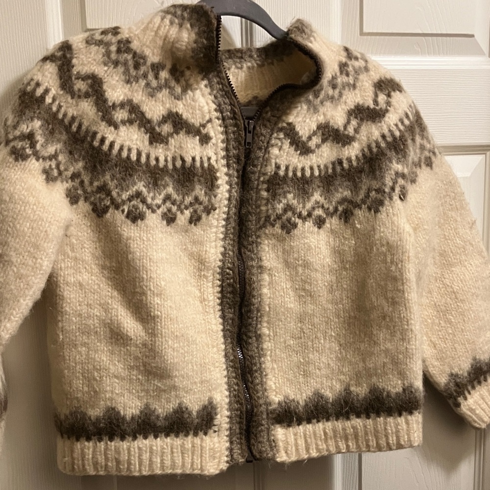 Classic Cream and Brown Zip-Front Wool Cardigan